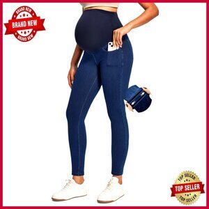 Stretchy Maternity Jeans Over Belly Skinny High Waisted Work Pants with Pockets